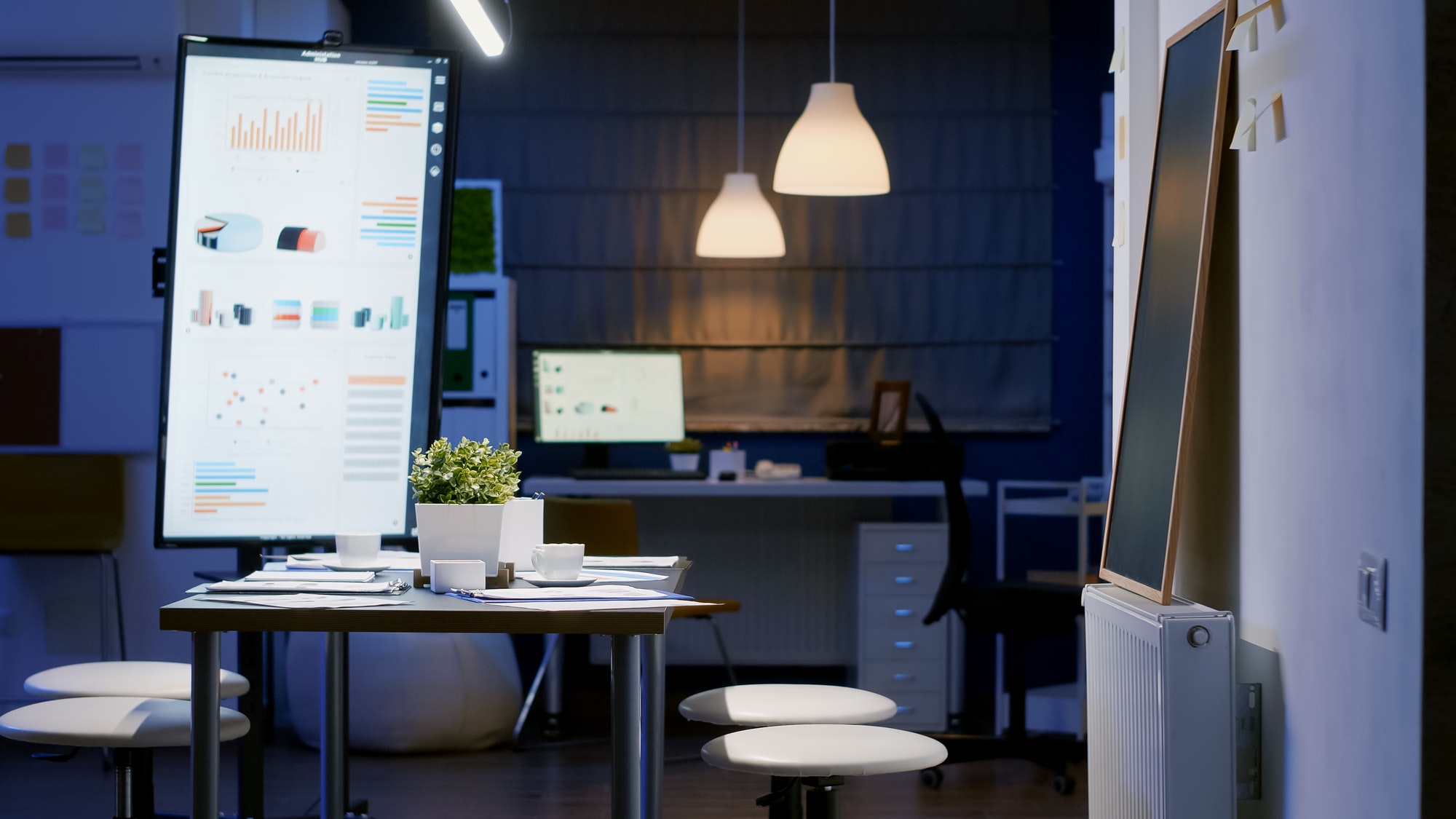 Modern empty business corporate office meeting room ready for businesspeople